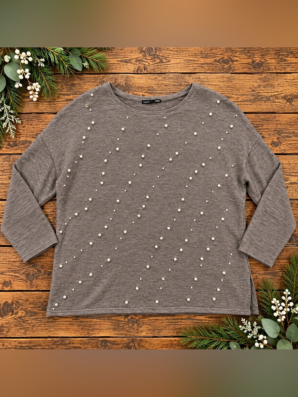 ZARA Gray Pearl Embellished Sweater 3/4 Sleeve Women’s Large